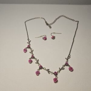 Worthigton Set Pink Roses Antique Brass Tone Necklase Earrings Boxed